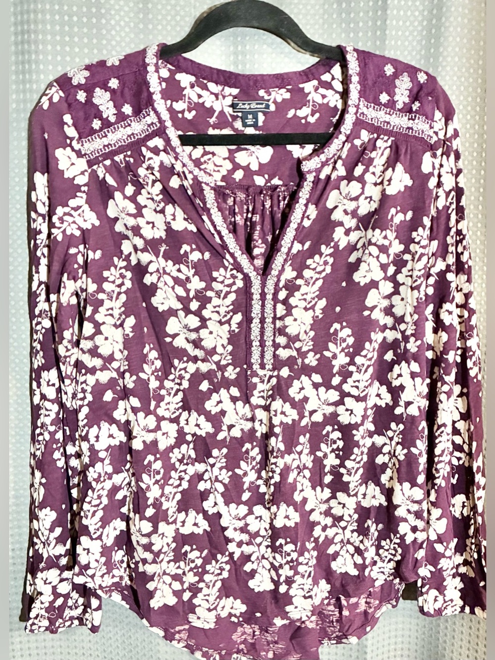 Lucky Brand Plum Embroidered Peasant Blouse Sz M Floral V Neck Boho Hippie Chic